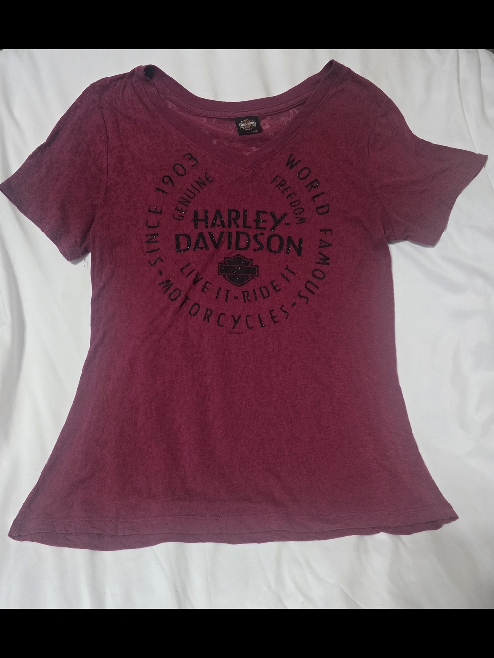 Harley-Davidson Women's V-Neck Tee in Wine with Black Graphic Charleston Sc Sz L